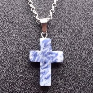 925 Silver Necklace W/ Blue Lapis Stone Cross Vtg Boho Valentine Birthday Gift